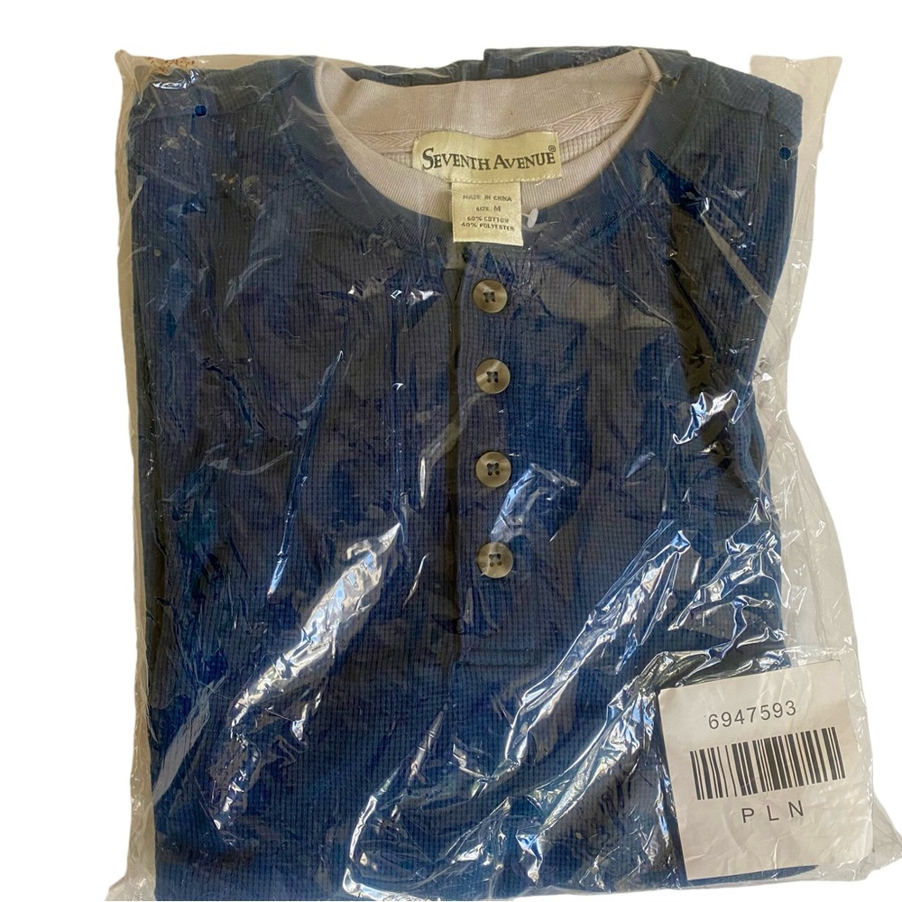 Seventh Avenue Men's Waffle Knit Long Sleeve Henley Blue Navy Shirt